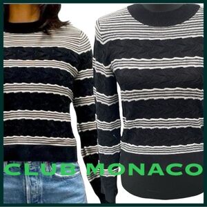 Club Monaco Black/White Pointelle Stripe Cotton Blend Crew Neck Sweater (XS)